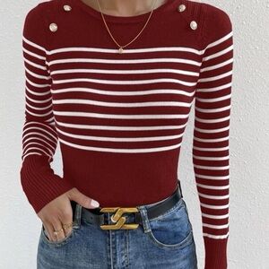 SHEIN Burgundy and White Striped Crew Neck Sweater
